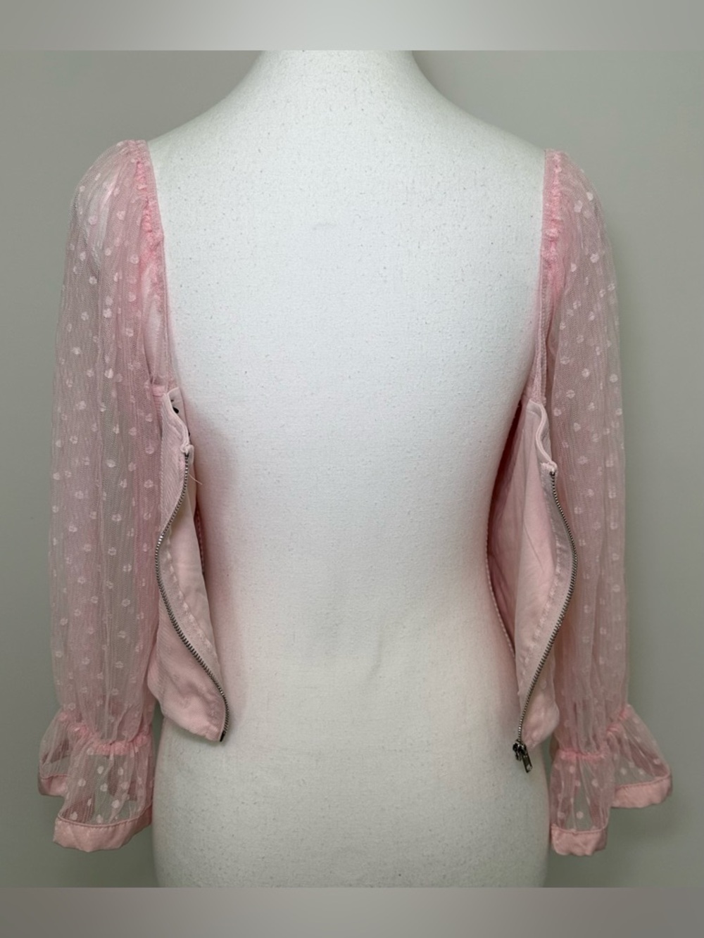 Pink Polka Dot Ruched Mesh Crop Top Sheer Sweetheart Feminine Romantic Y2K 90s S - Picture 7 of 12